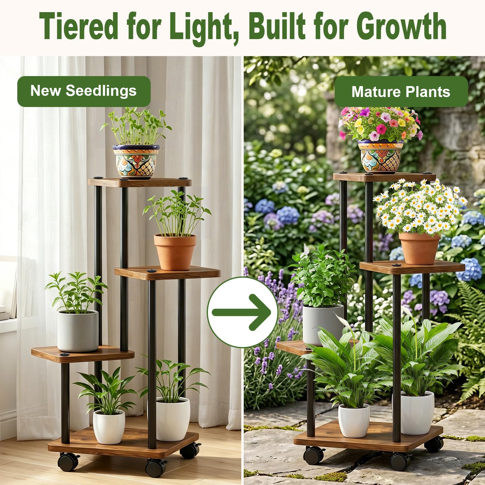 Support Plantes Intérieur À 5 Niveaux à roulettes, Porte Plante Intérieur, Étagère Plante En Métal Brun pour Intérieur Salon Jardin Extérieur, Marron (Sans Plantes)