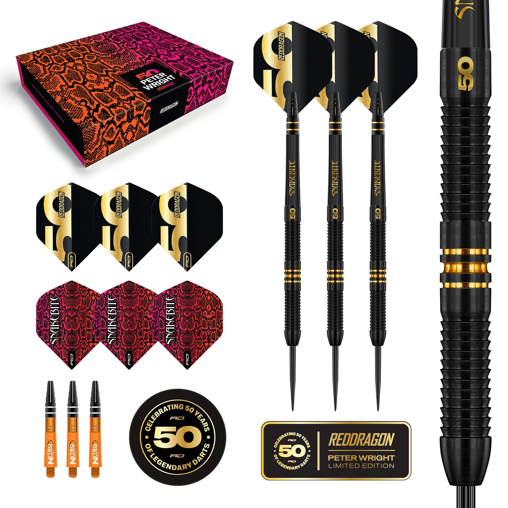 RED DRAGON DARTS - 50 Year Anniversary Player Edition - Peter Wright 'Snakebite' 21g - Professional Steel Tip 90% Tungsten Darts Set - Includes Dart Flights & Dart Stems (Shafts)