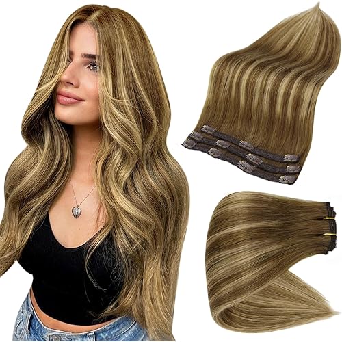 Full Shine Real Hair Extensions Clip in Human Hair 60Gram 3 Piece Ombre Brown Highlighted Blonde Clip in Hair Extensions 20 Inch Long Silky Straight Brazilian Hair Double Weft