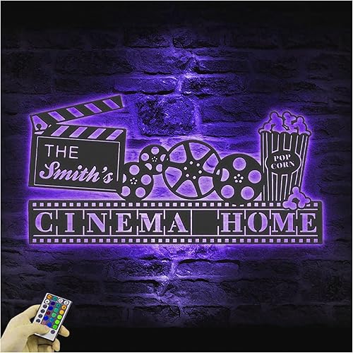 Miniatura 5 de COOL MATE Letrero de metal con nombre personalizado, película personalizada y palomitas de maíz, arte de pared de metal, luz LED, cine familiar,