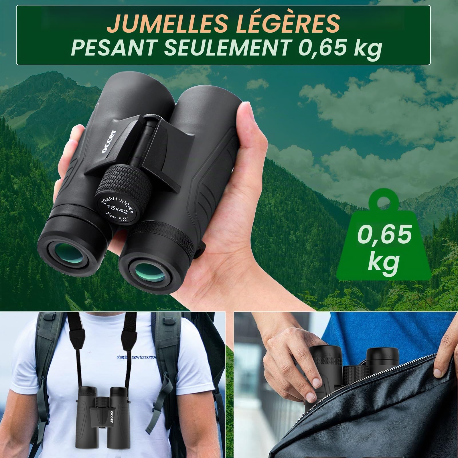 Occer Jumelles 15 x 42 pour observation des oiseaux – Jumelles HD pour adultes haute puissance avec vue large – Jumelles avec vision faible pour la chasse, les croisières, les voyages, la faune – Noir