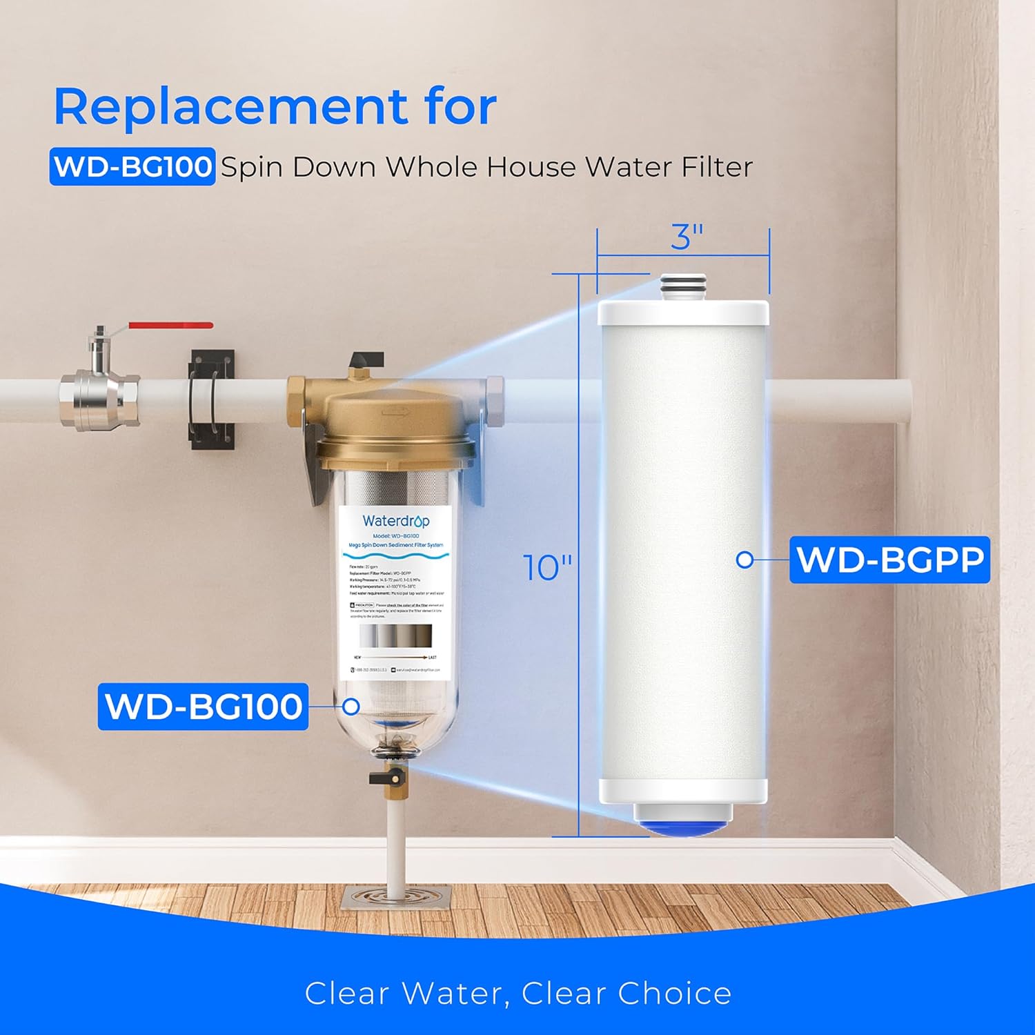 Waterdrop 5 Micron Sediment Water Filter Replacement Cartridge for WD-BG100 Mega Spin Down Whole House Water Filter System, 10" x 3" PP Cotton Filter Replacement Cartridge Pack of 4