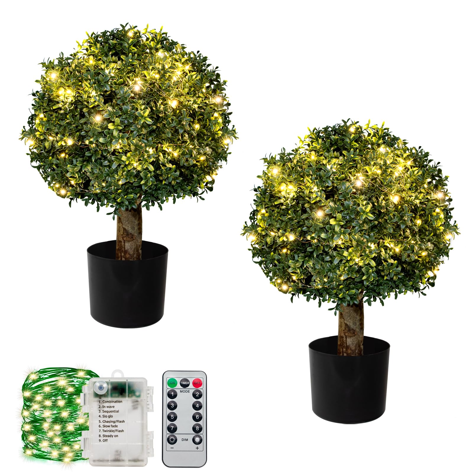 2FT Artificial Boxwood Topiary Ball, Fake UV-Resistant Outdoor Plants for Greenery Decor, Set of 2 Artificial Boxwood Ball Tree with String Lights