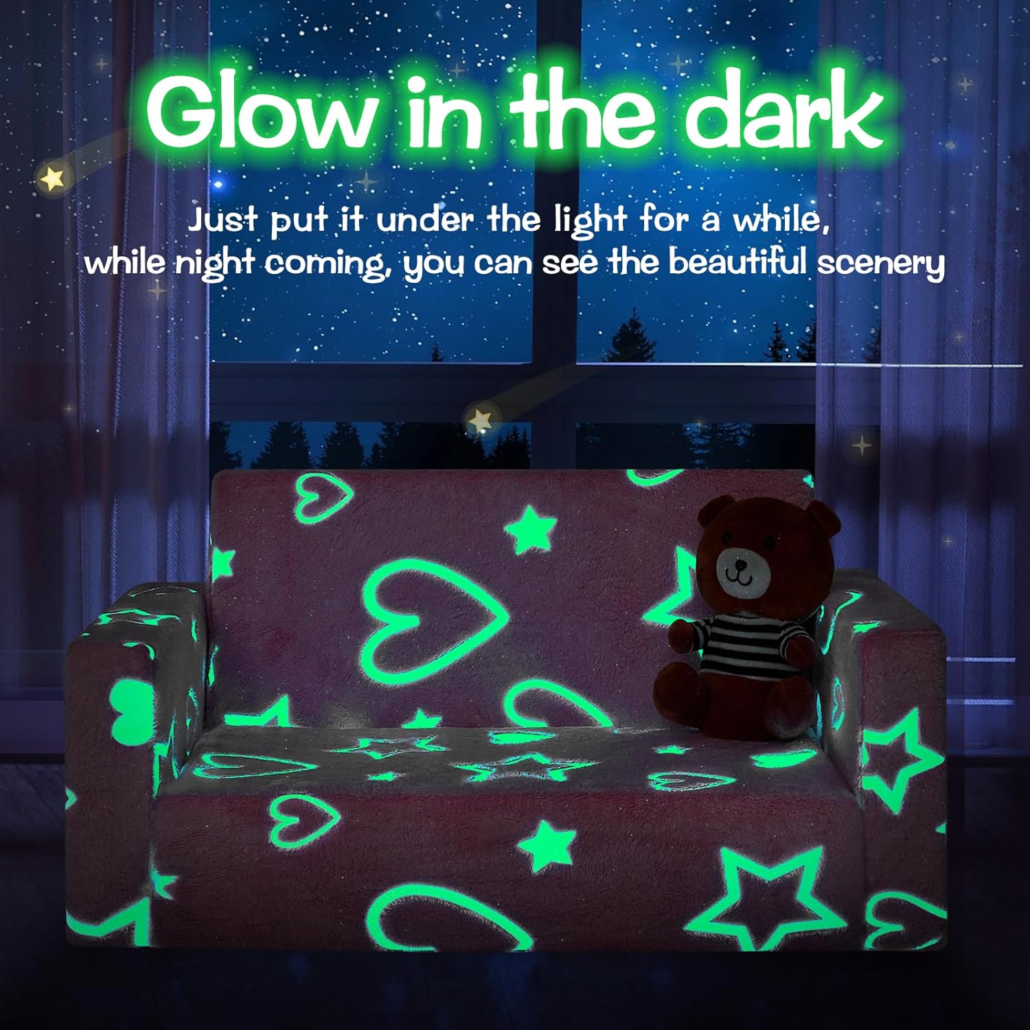 IFNOW Toddler Couch & Chair Folding, Kids 2 in 1 Sofa for Playroom - Extra Soft 2 Seats, Glow in The Dark, Pink & Green