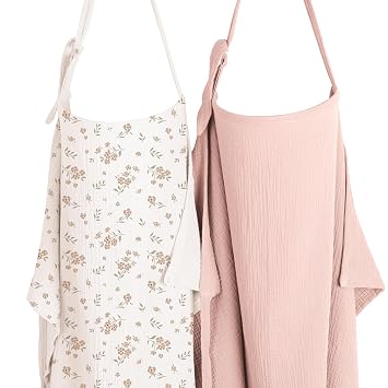 Konssy 2-Pack Muslin Nursing Cover Up للأمهات المرضعات مع طوق صلب، 100% قطن، غطاء رضاعة طبيعية خفيف الوزن وقابل للتنفس، قابل للتعديل والراحة