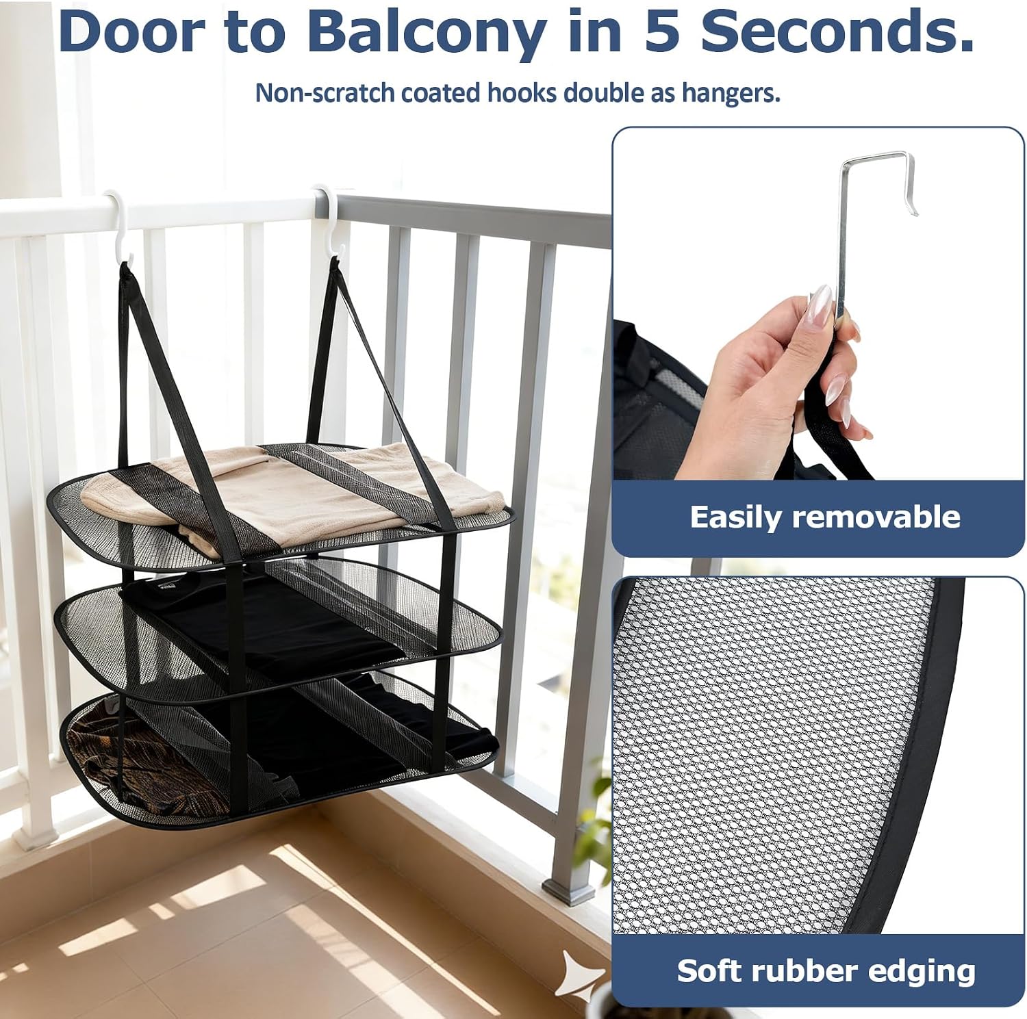 2Pcs Over The Door Drying Rack with 4 Hooks,3 Tier Sweater Drying Rack with Fixed Webbing,Large Folding Mesh Clothes Drying Rack for Dorms,Bathrooms and Bedroom(Black)