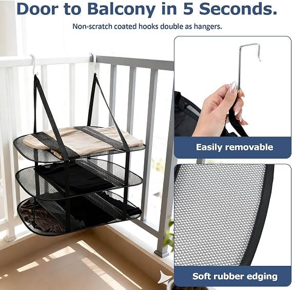 2Pcs Over The Door Drying Rack with 4 Hooks,3 Tier Sweater Drying Rack with Fixed Webbing,Large Folding Mesh Clothes Drying Rack for Dorms,Bathrooms and Bedroom(Black)