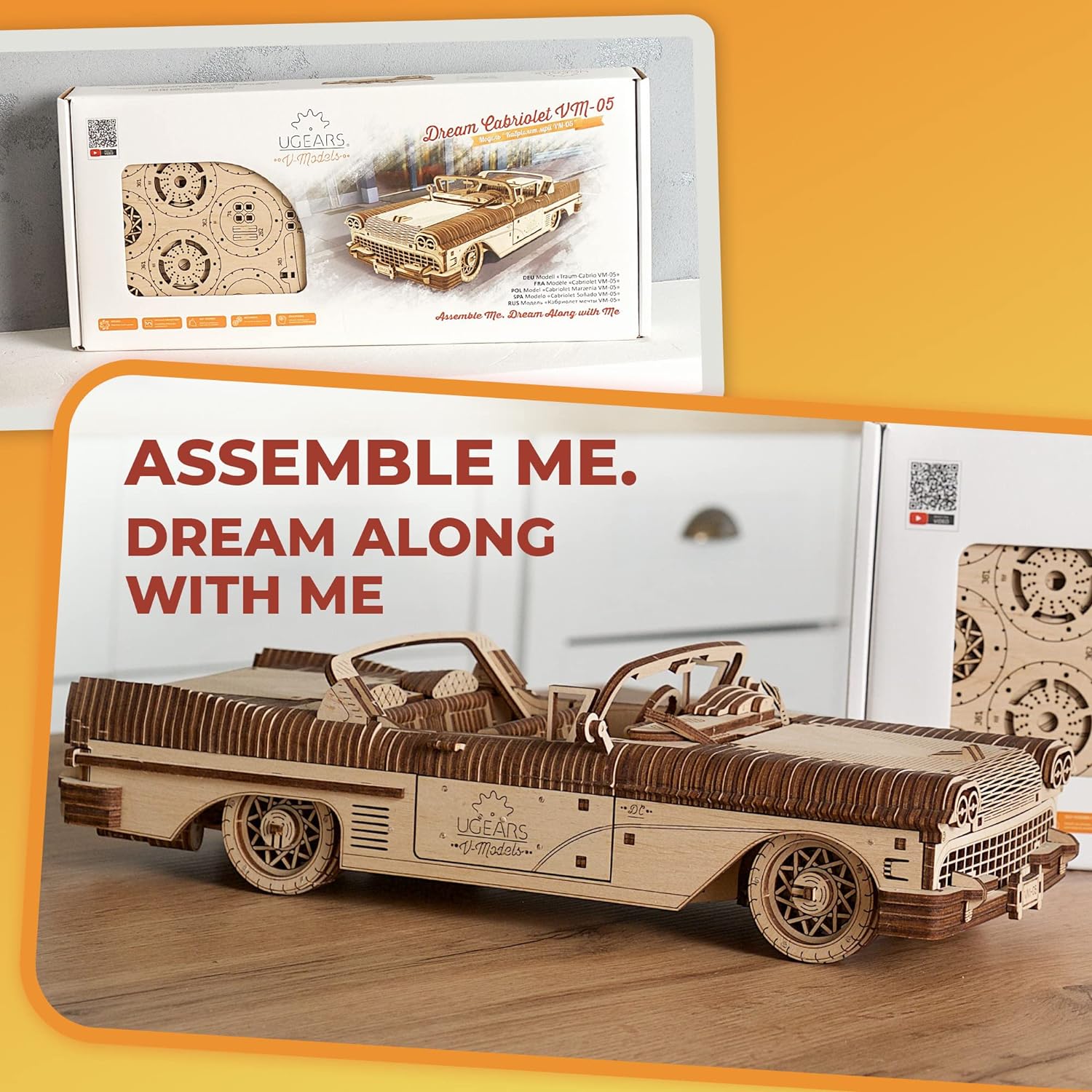 UGEARS Dream Cabriolet VM-05 Wooden 3D Puzzles for Adults - 3D Wooden Puzzles for Adults - Mechanical Model Car Kit - Retro 1950s Inspired DIY Craft, 3D Puzzle