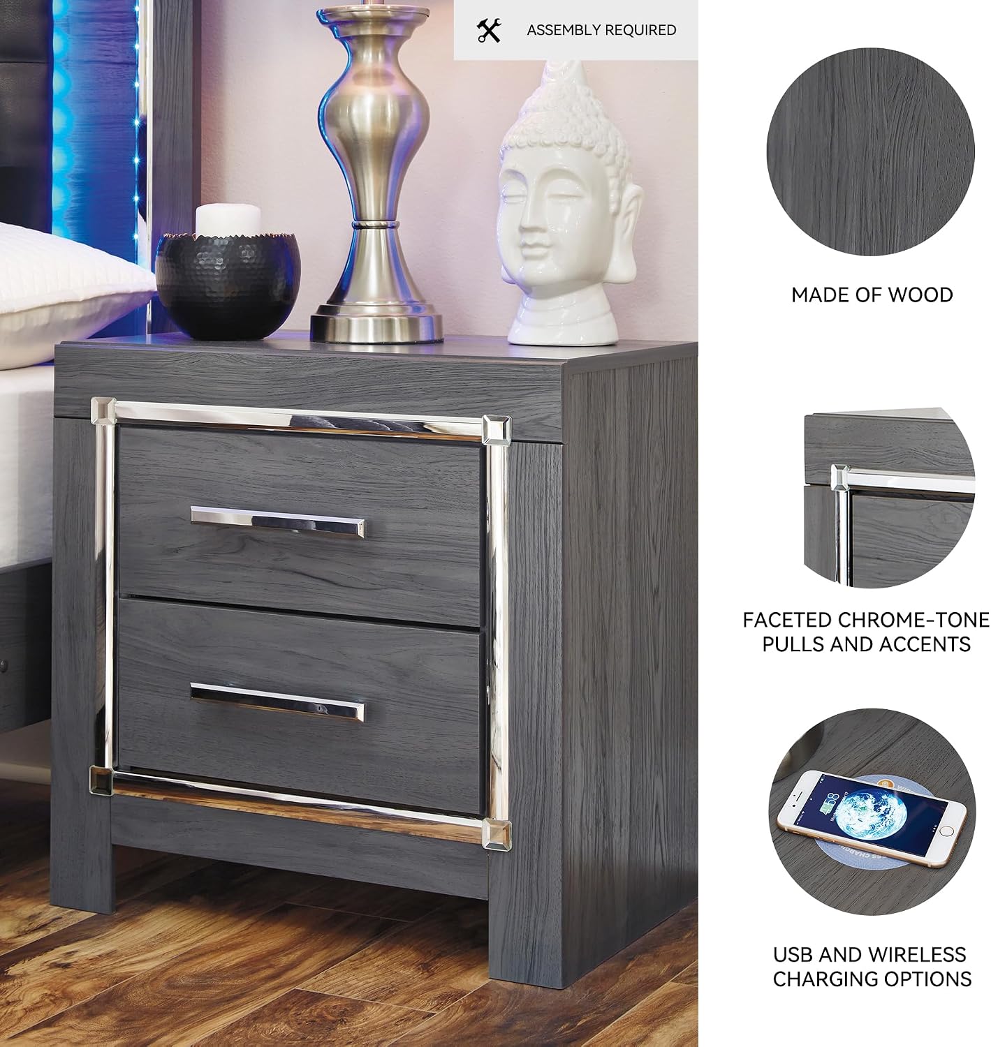 Signature Design by Ashley Lodanna Modern Glam 2 Drawer Nightstand with USB & Wireless Charging Options, 24.41" Tall, Gray Wood Grain