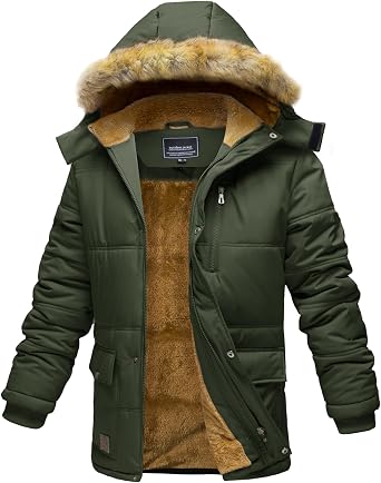 EKLENTSON Mens Winter Parka Jacket Water Repellent Windproof Coat with Hood | Sherpa fleece lined, inner security pocket, detachable drawstring hood, adjustable drawstring hem,super warm coat for winter