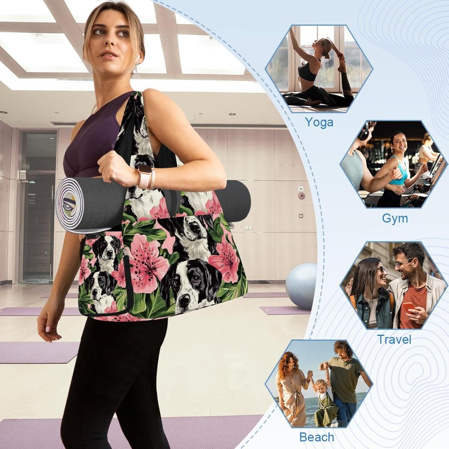 Gym Bag for Women, Dogs Florals Yoga Mat Bag with Shoe Compartment, Sport Yoga Gym Bag with Yoga Strap, Carryall Yoga Tote Bag