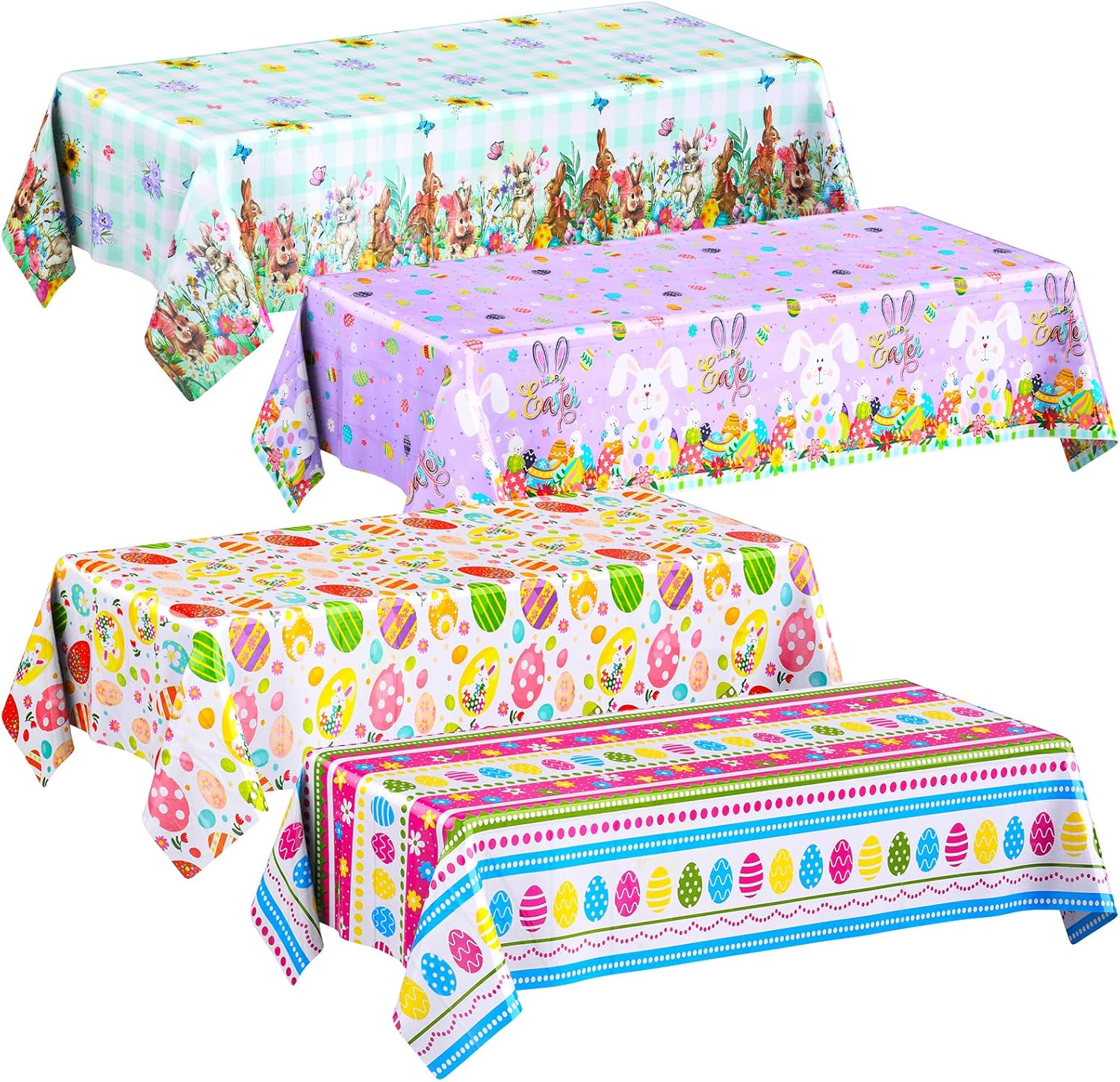 Oudain 4 Packs Easter Tablecloth Party Decorations, Spring Easter Eggs Bunny Table Cloth Plastic Disposable Rectangle Table Cover for Party Supplies Decoration Favors, 54 x 108 Inch