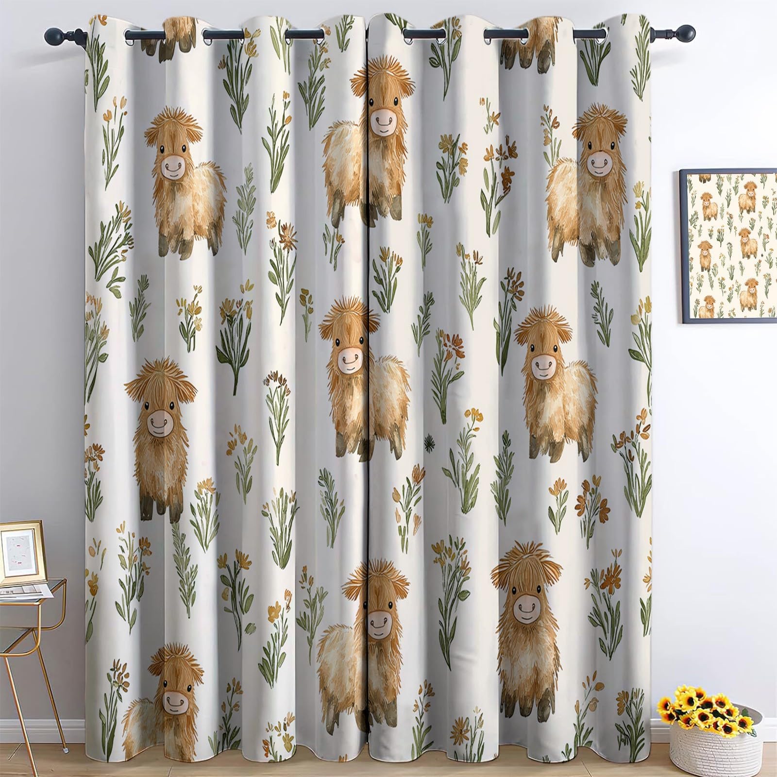 Blackout Curtains, Home Decoration Eyelet W 46" x L 72" (2 Panels) Thermal Insulated Curtains Watercolor Animals Plants Printed for Girls Bedroom Beige Light Brown