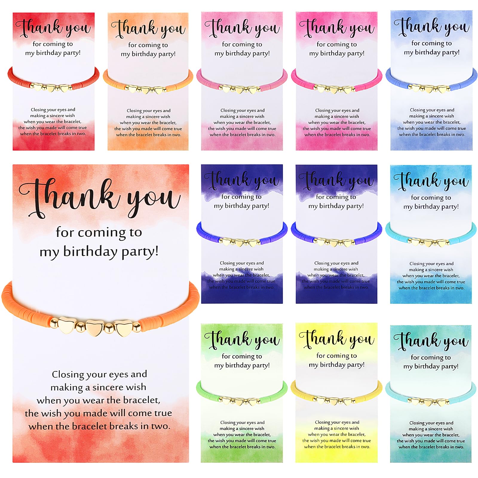 Huquary 12 Sets Birthday Party Favor Bracelets Beaded Rainbow Clay Bracelet with Thank You Card Gift for Birthday Party Supplies Bags Suffer with