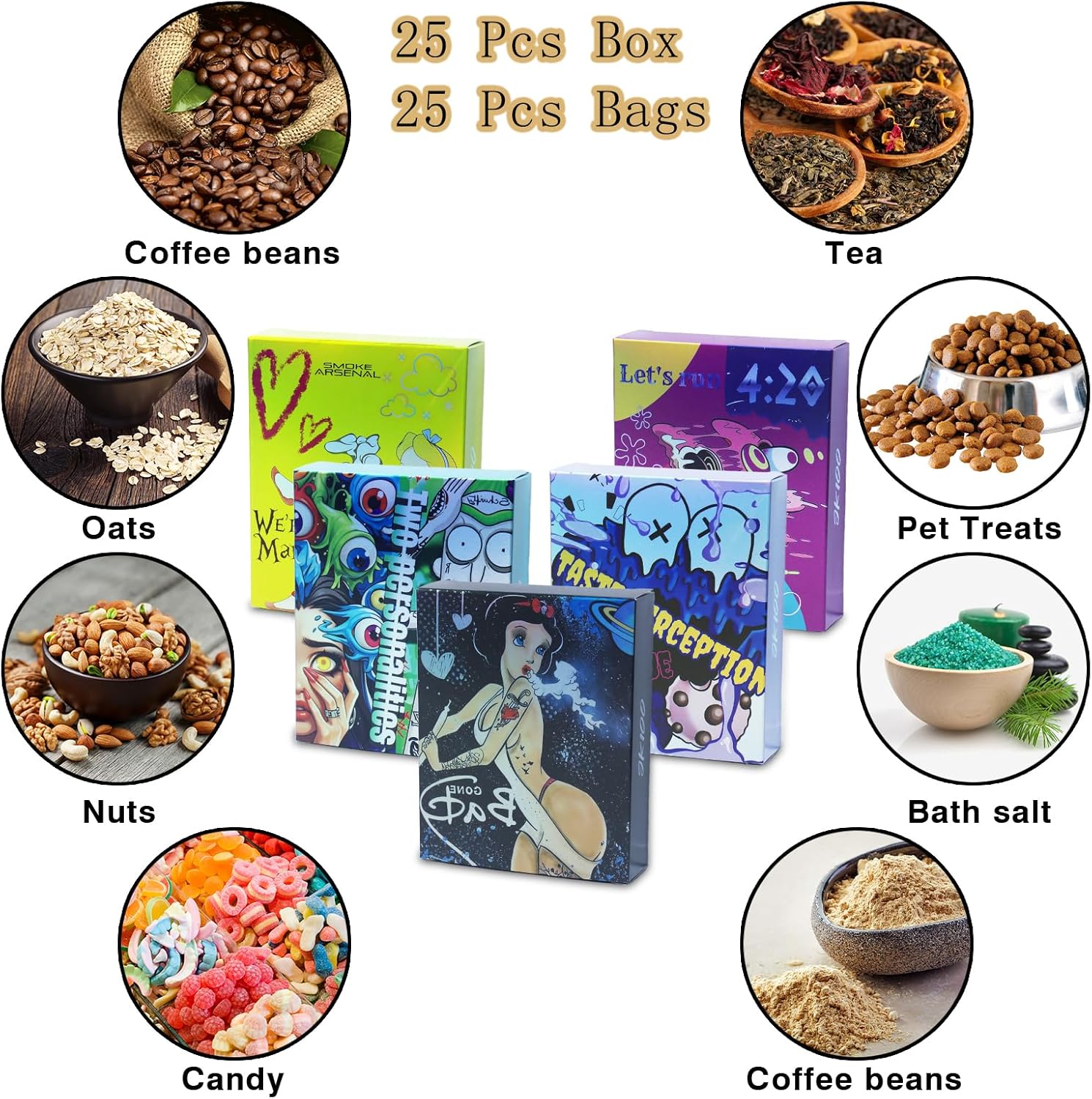 jkioo 25 Sets 3.5g Moisture-Proof Odor-Proof Gift Set - 25 Creative Patterned Gift Boxes & 25 Resealable Stand-Up Pouches for Candies, Cookies, Party Favors & Small Business Gifting
