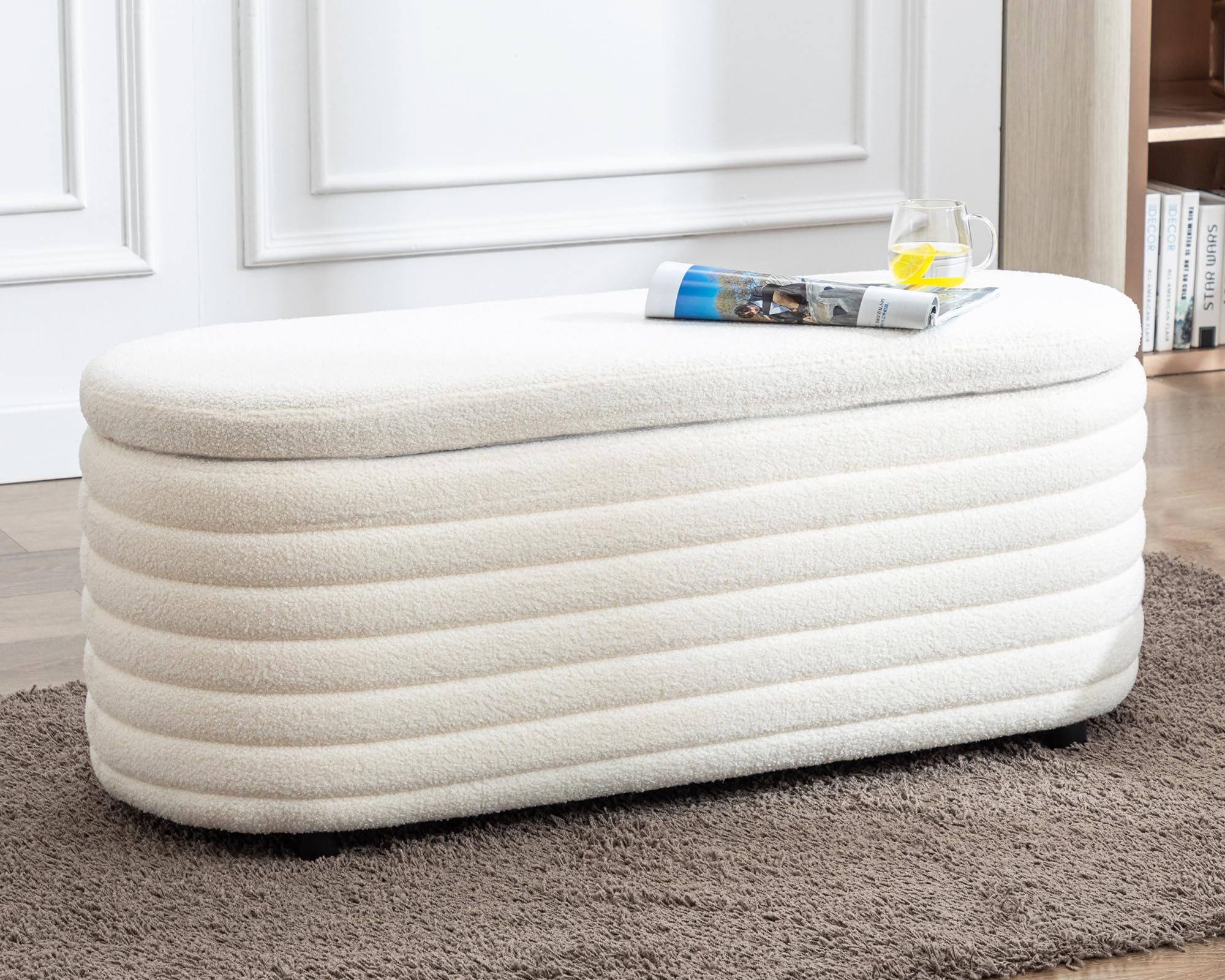 DM Furniture Storage Teddy Ottoman Bench Upholstered Fabric Storage Bench End of Bed Stool with Safety Hinge for Bedroom, Living Room, Entryway, Closet(45.5", White)