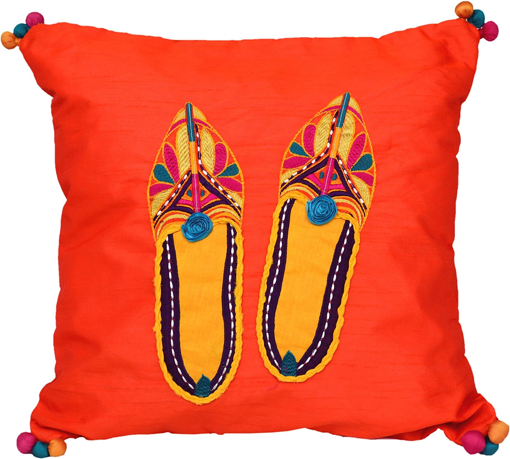 Handmade Mojri Embroidered Silk Throw Pillow Cover Indian Decor Sofa Cushion Cover Pillow Case 18" x 18" Inches - Color ORANGE by INDAURA