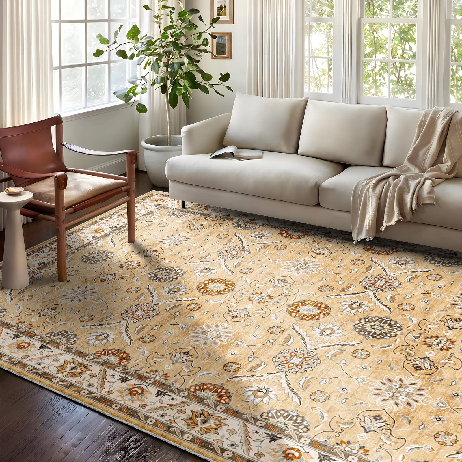 Washable Living Room Area Rug - 8x10 Large Persian Boho Bedroom Rug Distressed Oriental Non-Slip Non-Shedding Print Floor Carpet for Dining Room Kitchen(Gold, 8 x 10)