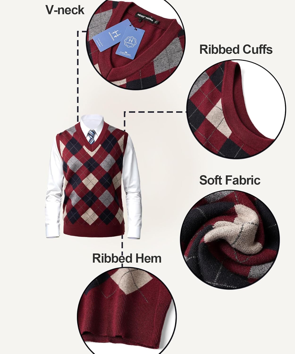 Mens Thick Argyle Sweater Vests Classic V-Neck Knitwear Sleeveless Pullover Autumn Winter Warm Tank Tops - Image 4