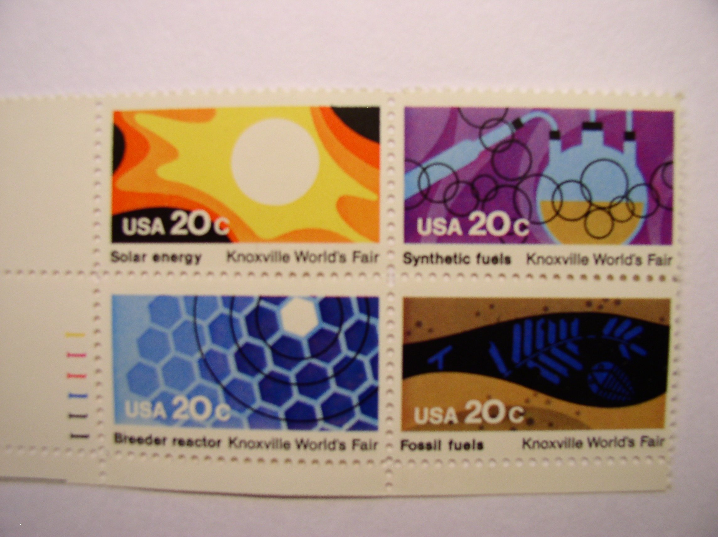 US Postage Stamps, 1982, Knoxville World’s Fair, S# 2006-90, Plate Block of 4 20 Cent Stamps, MNH