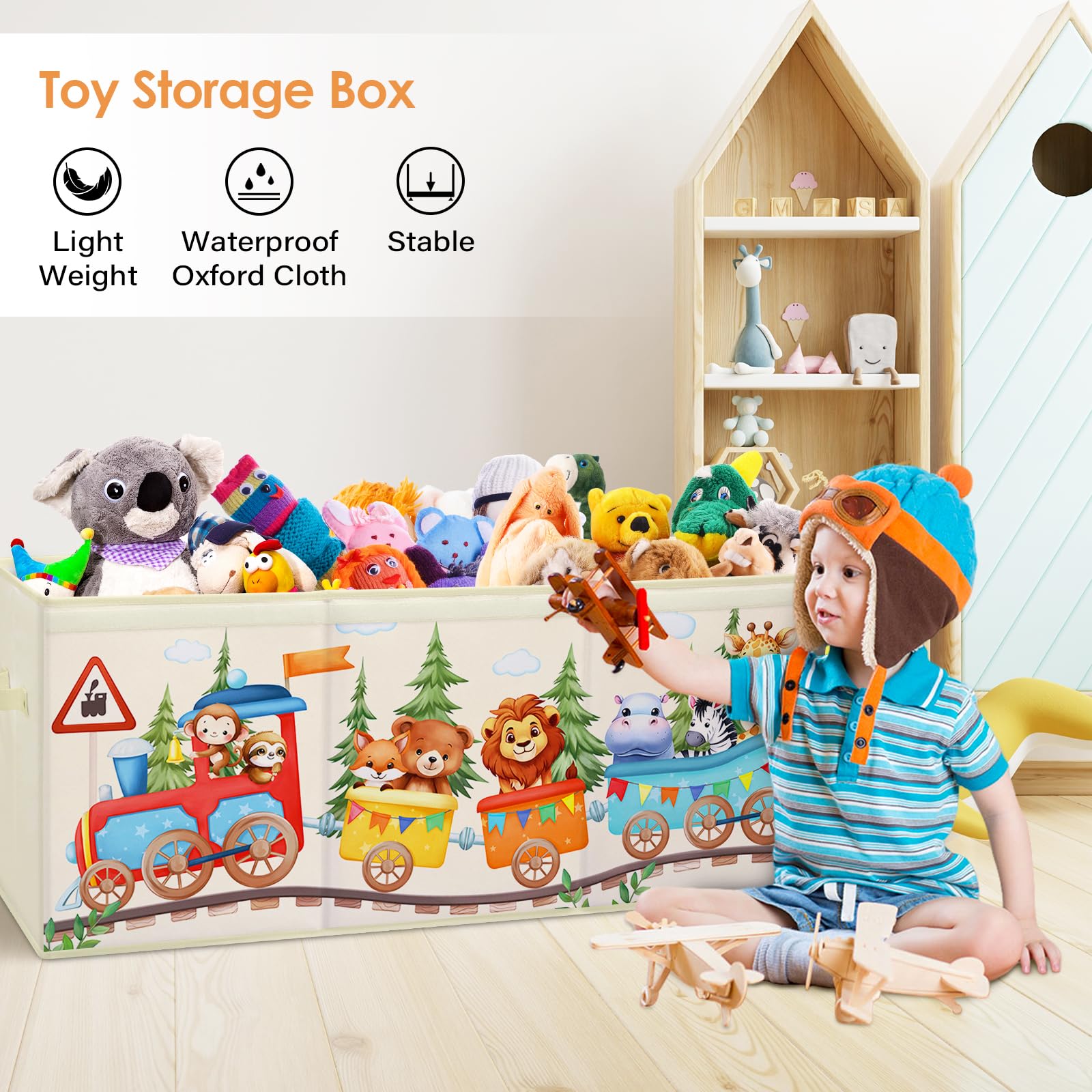 Scatola di Giocattoli Large con Coperchio Ribalta per Bambini, Contenitore Porta Giochi Pieghevole Oxford, Baule Portagiochi Impermeabile Robusto per Ragazze Ragazzi, 96×32×40cm (Treno degli Animali)