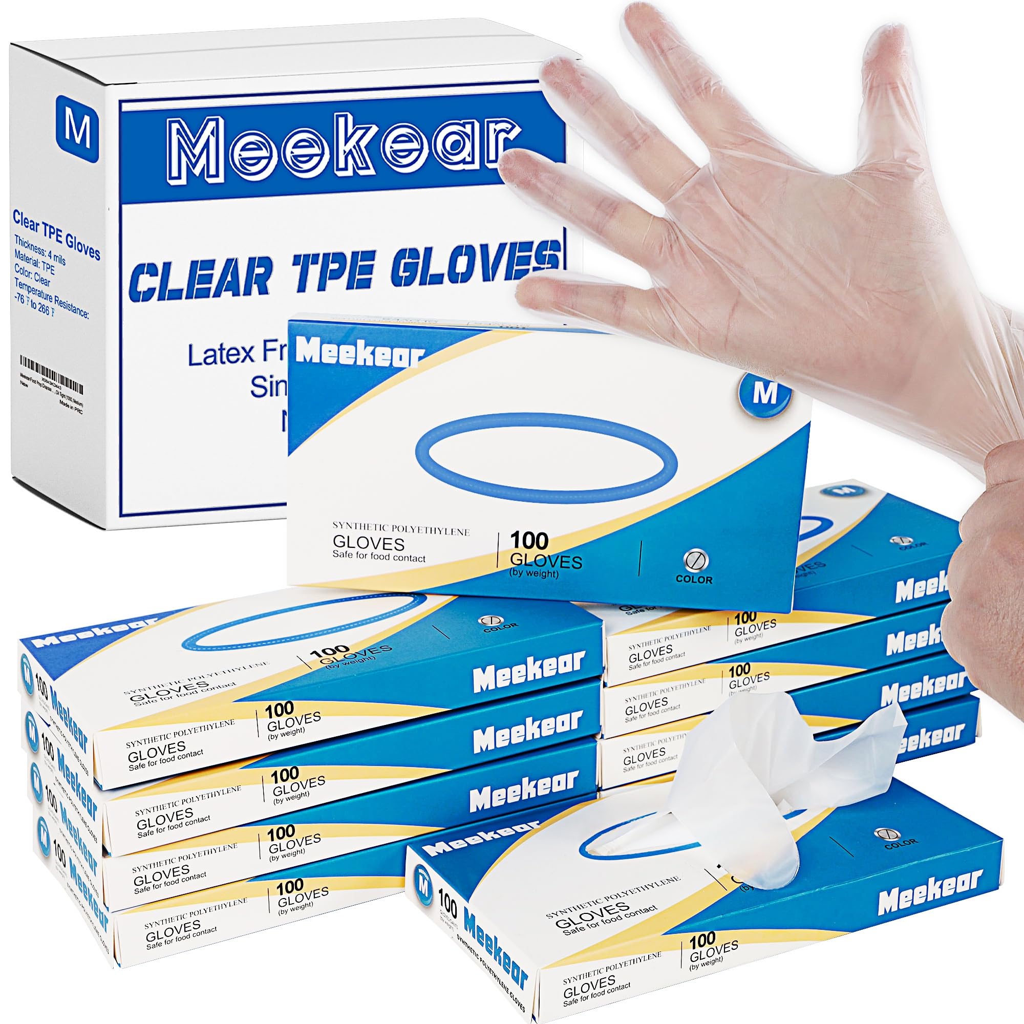 Meekear 1000 PCS TPE Disposable Gloves, Medium Clear Latex-free & Powder-Free Food Safe Cleaning One-time-use Gloves, Medium, 4 Mil