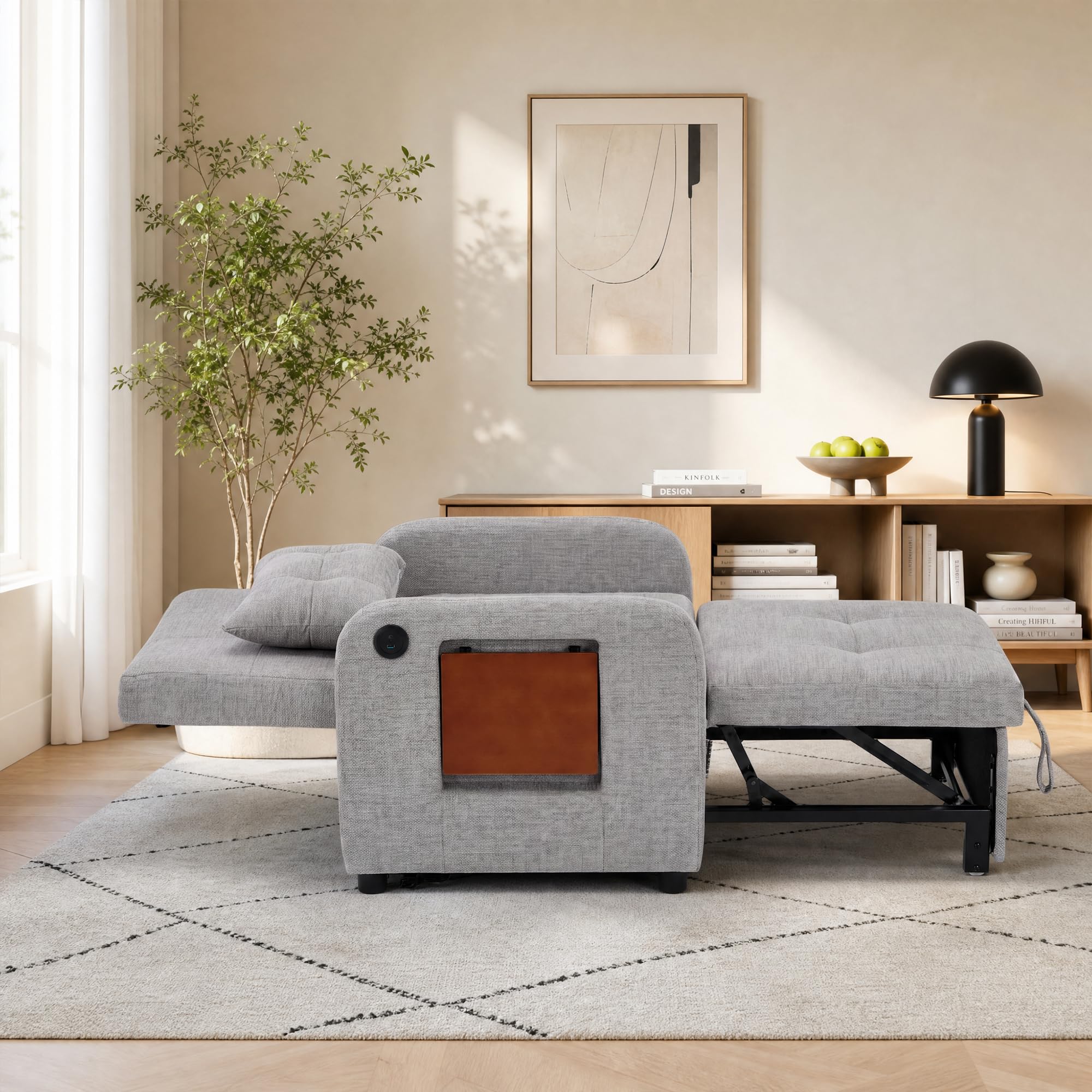 COLAMY Verwandelbarer Schlafsessel Stoff Futon Sofa Bett, Einzel Schlafsofa mit USB Anschluss, klappbarem Tisch, Kissen und Verstellbarer Rückenlehne für Wohnheim, Schlafzimmer, Hellgrau