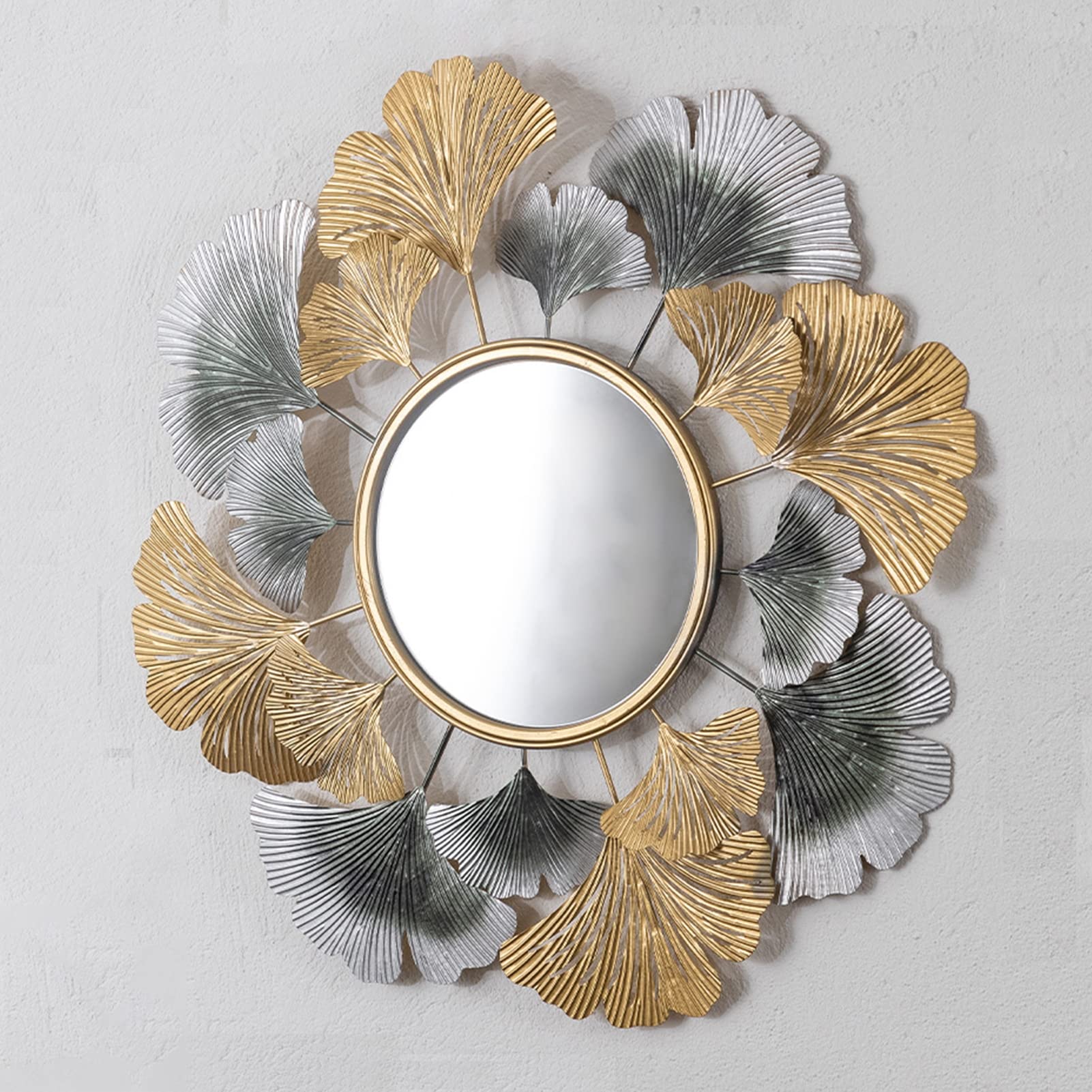 Sunburst Wandspiegel, Metall Ginkgo Blätter Dekorativer Wandspiegel, Runder Hängespiegel für Wanddekoration für Wohnzimmer, Schlafzimmer, Badezimmer