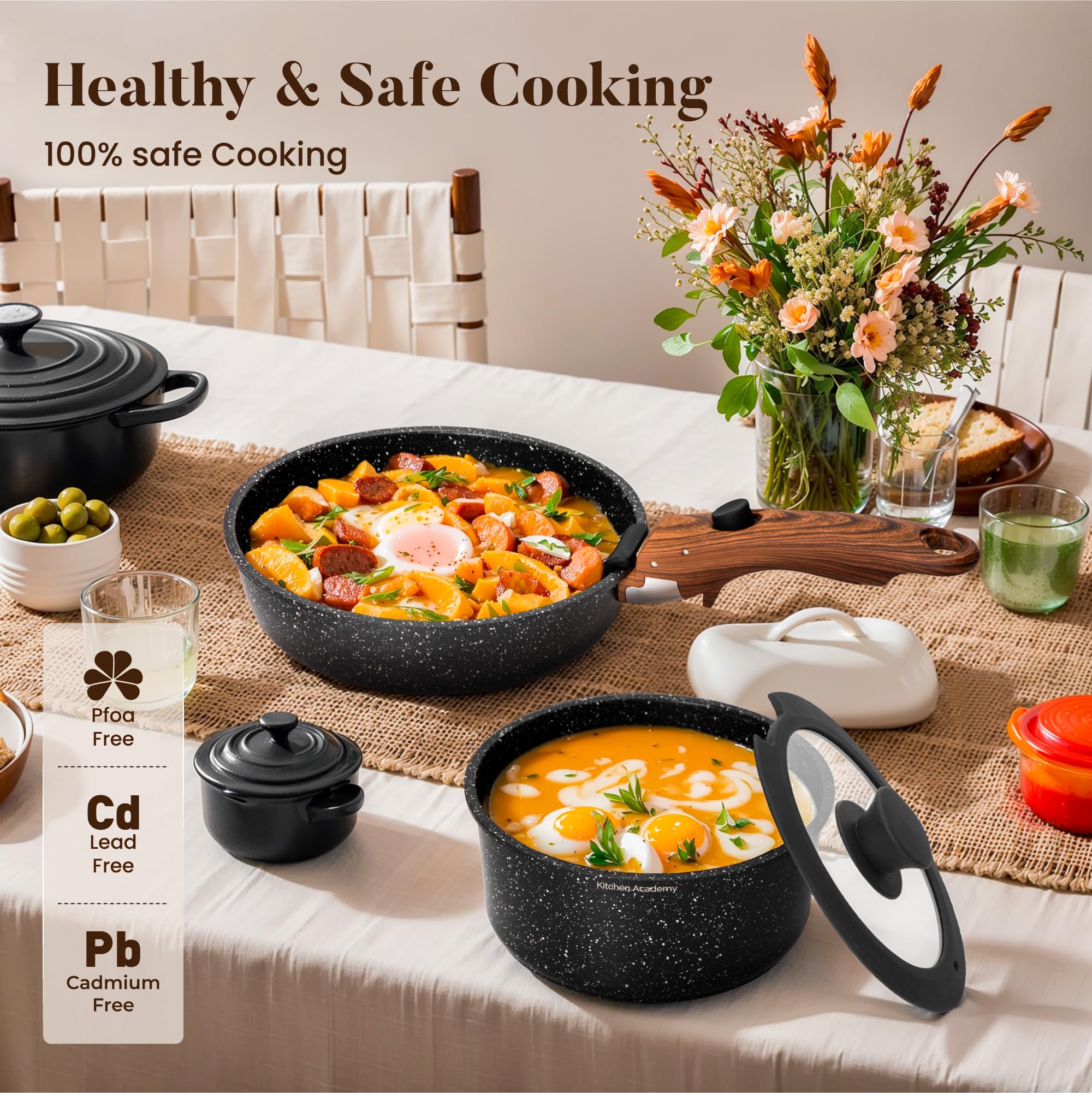 Kitchen Academy 10 PCS Batterie Cuisine Induction avec Poignée Amovible | Batterie de Cuisine Tout-Feux, Revêtement Antiadhésif en Granit Empilable Convient aux Camping-Cars et au Camping