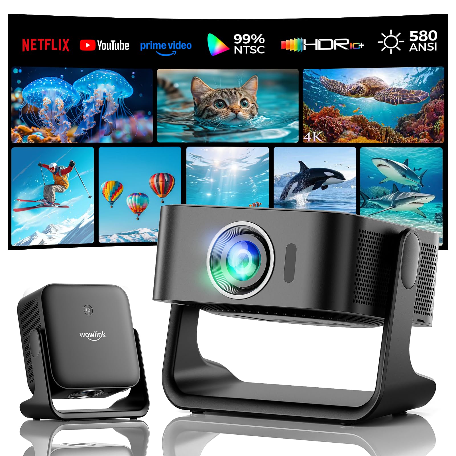 Proiettore Ad Alta Luminosità 1800 ANSI | Smart Android TV 4K HDR10+, WiFi6, Bluetooth 5.2, Correzione Trapezoidale, 300 Pollici, Per Home Cinema E Giochi - 4