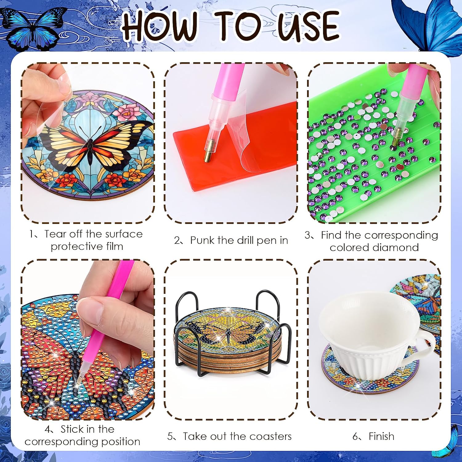 Butterfly Diamond Art Painting Coasters - 8 PCS Colorful Glass Diamond Art Kits for Adult DIY Drink Coffee Coaster Art Craft Supplies Birthday Christmas Xmas Gift for Women Beginners