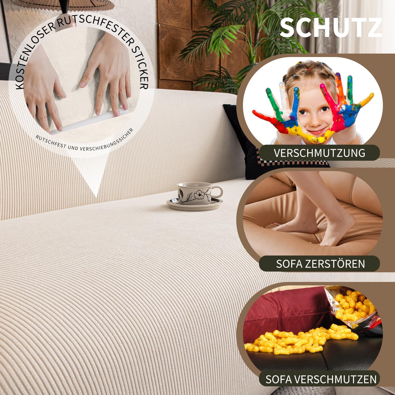 Stretch Sofabezug, Warm Fleece, Extrem Dehnbbar, Abriebfest, rutschfest, 4 Sitzer Jacquard Sofa Überzug Schutz Für Wohnzimmer, Hunde und Haustiere (4 Sitzer, Beige)