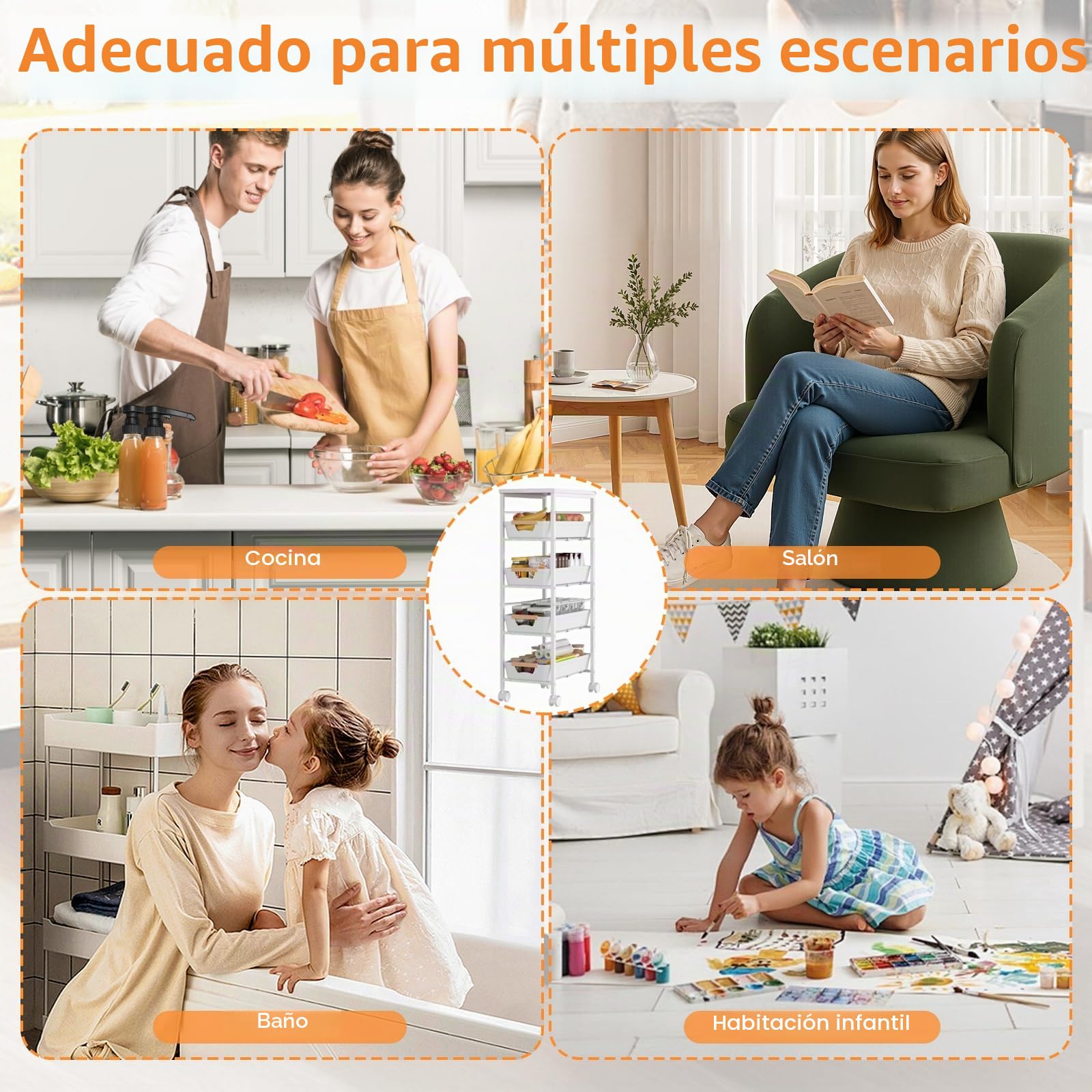 Carrito de Cocina de 5 niveles, Carrito Auxiliar con Ruedas Marco de Metal con 4 Cajones Extraíbles Carrito de Almacenamiento con Tablero de Madera para Baño, Cocina, Lavandería