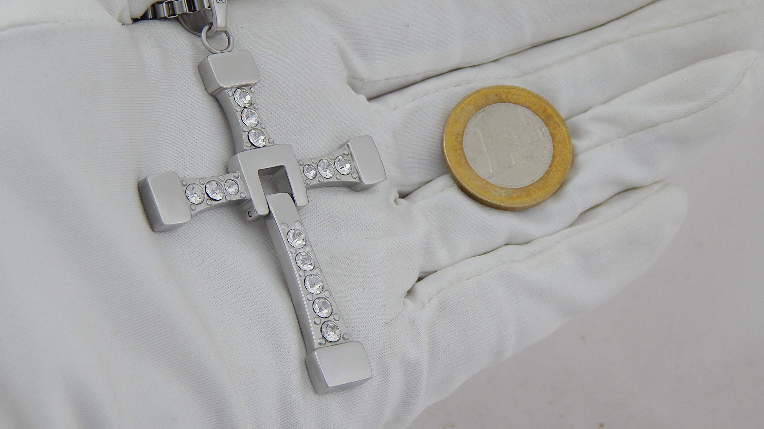 Collana in acciaio inox con ciondolo a forma di croce e strass lunghi 60 cm – Collana Dominic Toretto ispirata a Fast and Furious – Articolo perfetto per i fan del film