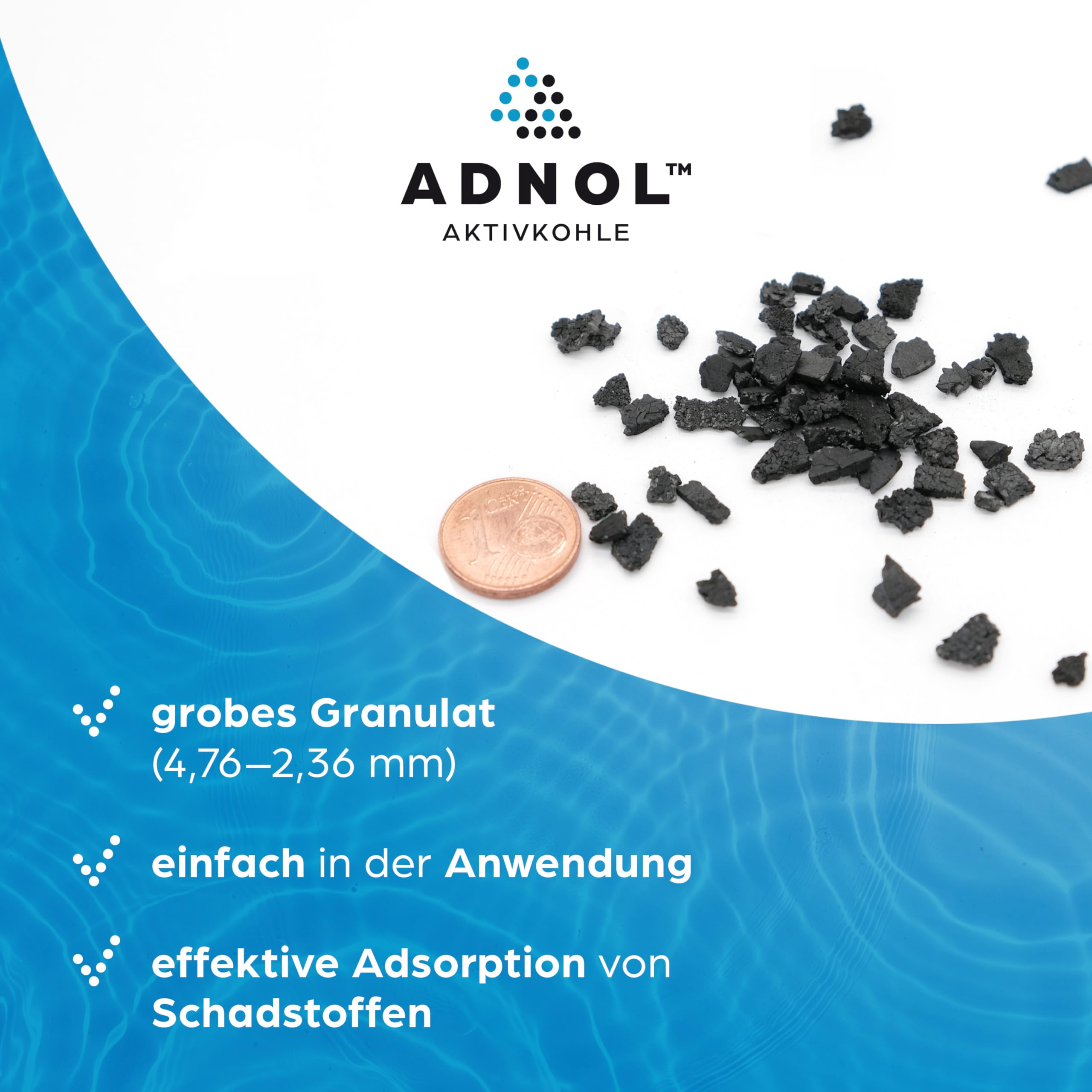 Aktivkohle Granulat 5 Liter aus Kokosnussschalen für Wasserfilter für Aquarium und Teich, Mesh 4x8, Körnung 4,76-2,36mm, Energieklasse A, als Carbon Filter verwendbar