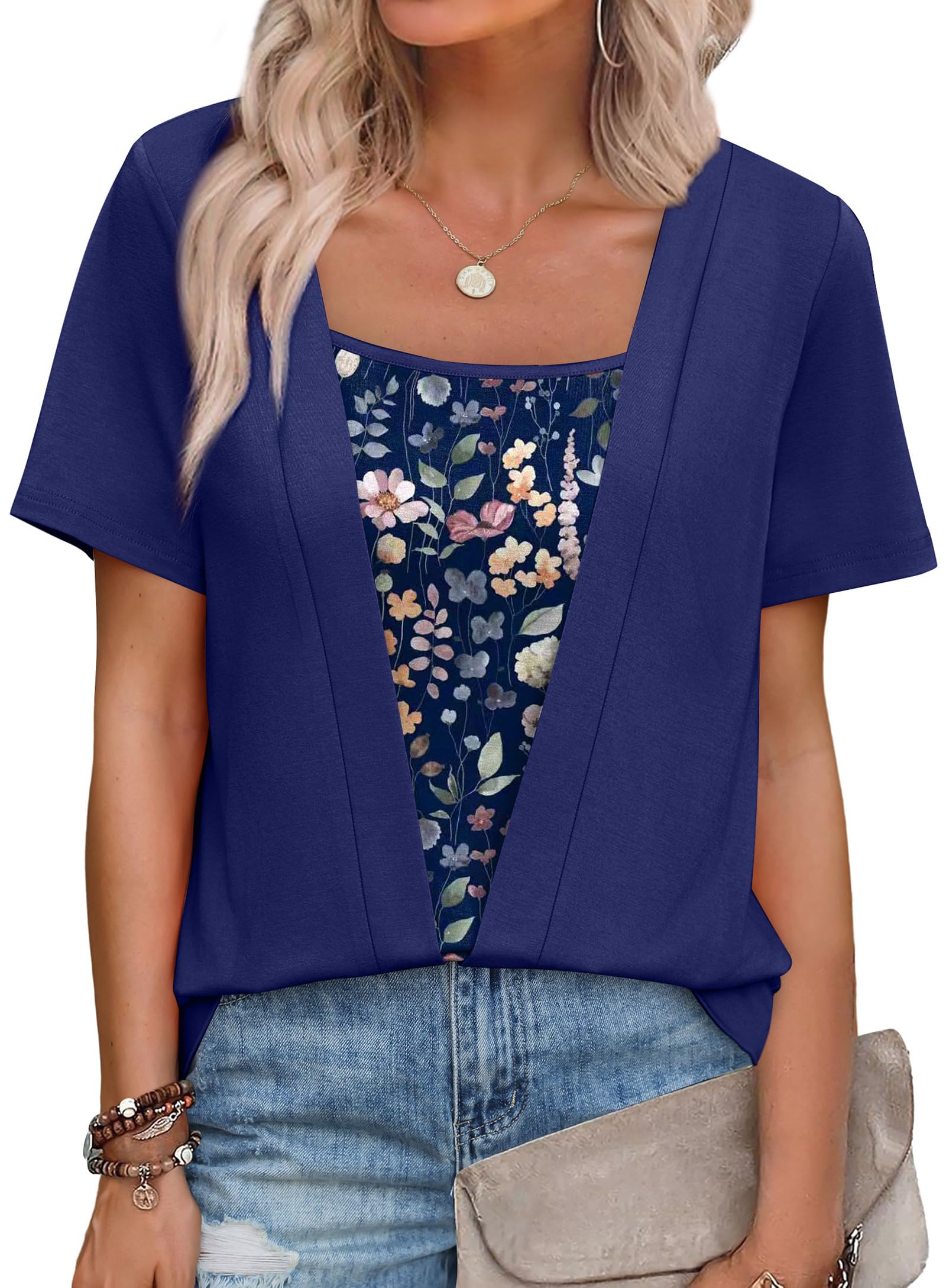 WIHOLL Womens Summer Tops Trendy 2 in 1 Blouses Short Sleeve Shirts Casual T Shirts Beach Vacation Clothes