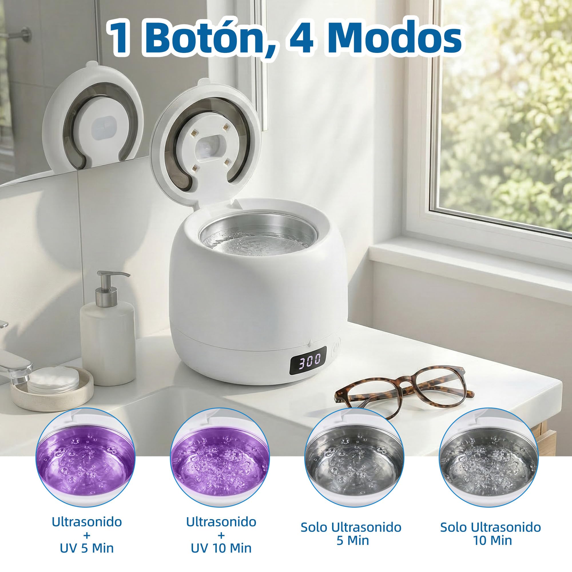 Carehabi Limpiador Ferula Dental, Limpiador Ultrasonidos Dental 45kHz con Depósito Extraíble 200mL, Máquina con Luz U-V para Retenedores, Alineadores y Joyas, Blanco