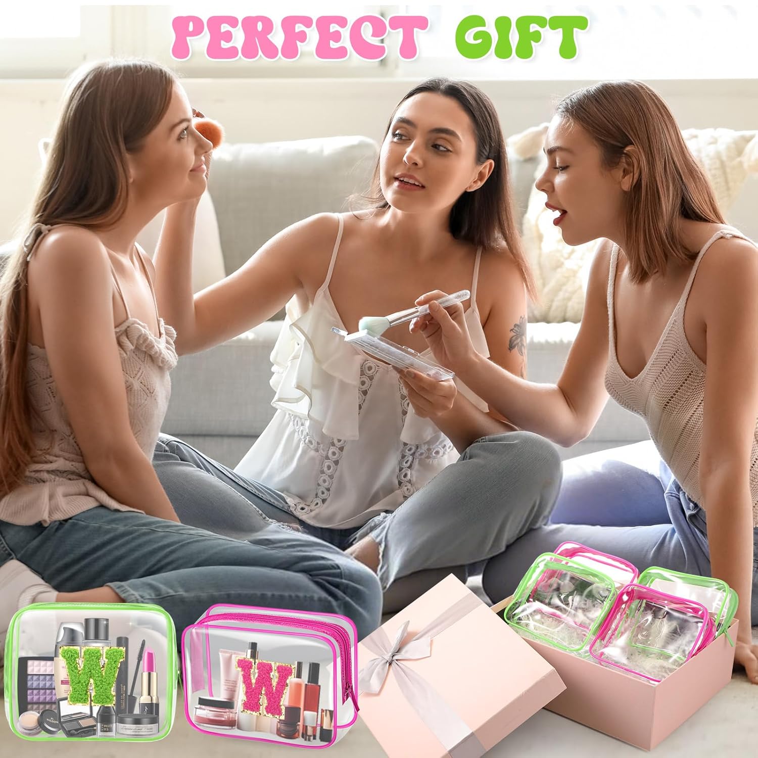 Eccliy 12 Pcs Pink Green Gift Bags Makeup Bag with Chenille Letter Patches Portable Travel Cosmetic Pouch with Zipper PVC Toiletry Bag for Witch Party Baby Shower, Birthday, Party Favor