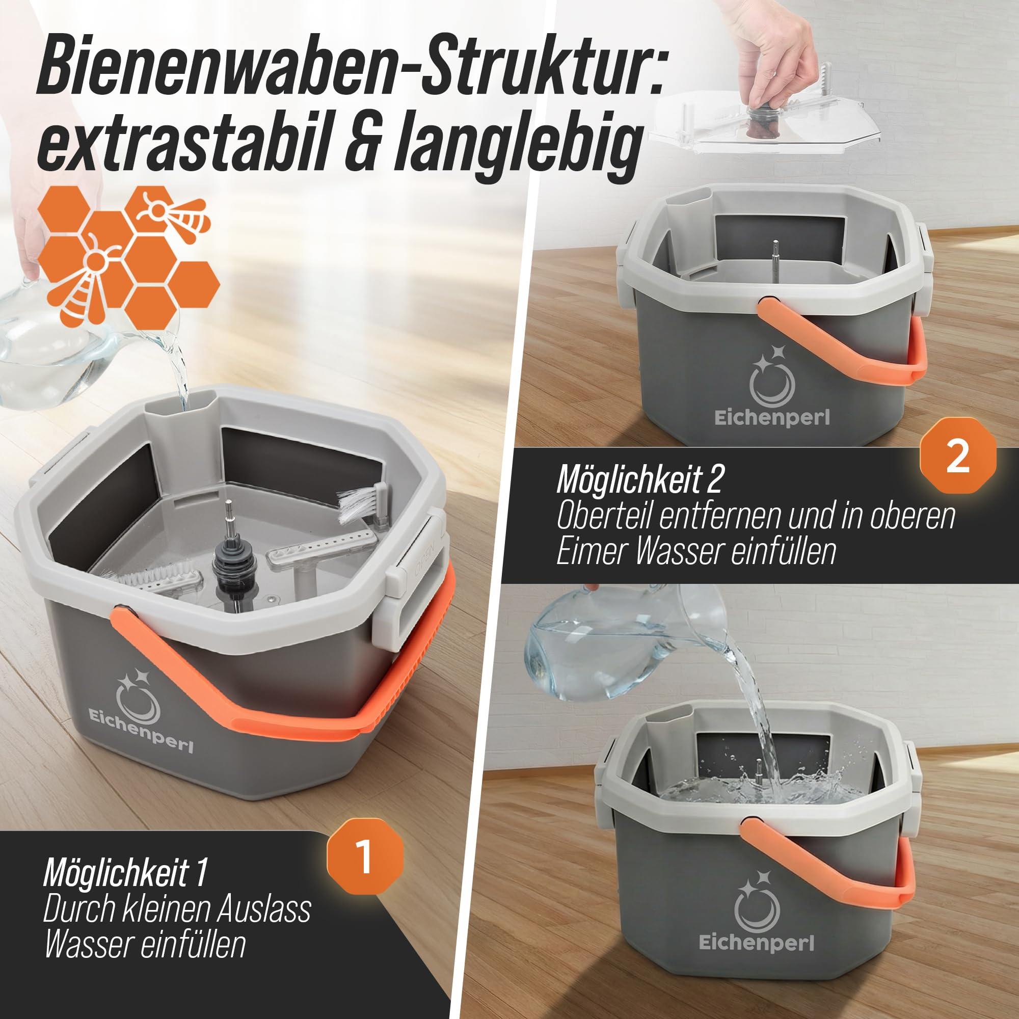 Wischmop Set mit Eimer - 2-Kammer Wischsystem & Bodenwischer mit Auswringfunktion - Schmutzwasser-Trennung, 360° Wischer mit Mikrofaser Pads für Parkett, Laminat & Fliesen