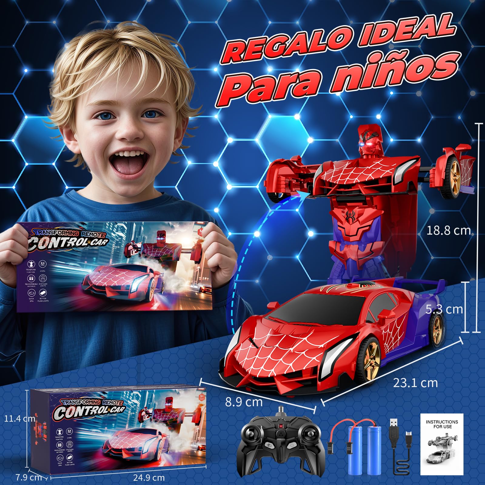 Coche Teledirigido Transform, Ojos Intermitentes & Luces Chasis, Coche RC 2,4GHz & Robot Rotación 360°, Juguetes Juegos para Niño Niños de 3 4 5 6 7 8 9 10 11 12 Años Regalo Cumpleaños Pascua