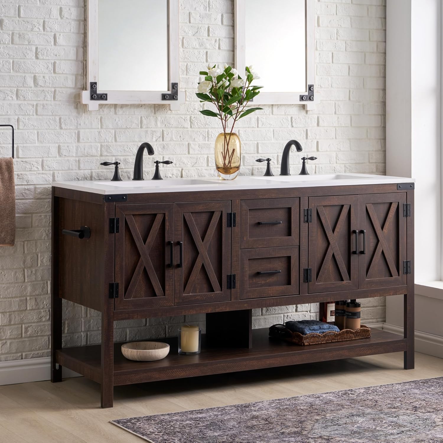 AMERLIFE 60” Farmhouse Bathroom Vanity with Double Sink, Freestanding Cabinet with 2 Drawers, 4 Barn Doors & Open Shelf, Rustic Storage for Master or Family Bathroom, Rustic Brown