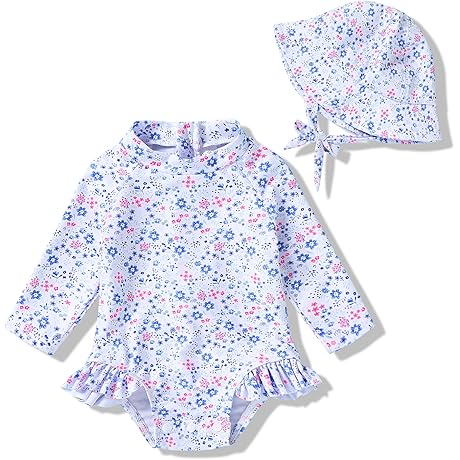 Adorable Long Sleeve Rash Guard Swim Suit and Matching Hat Set