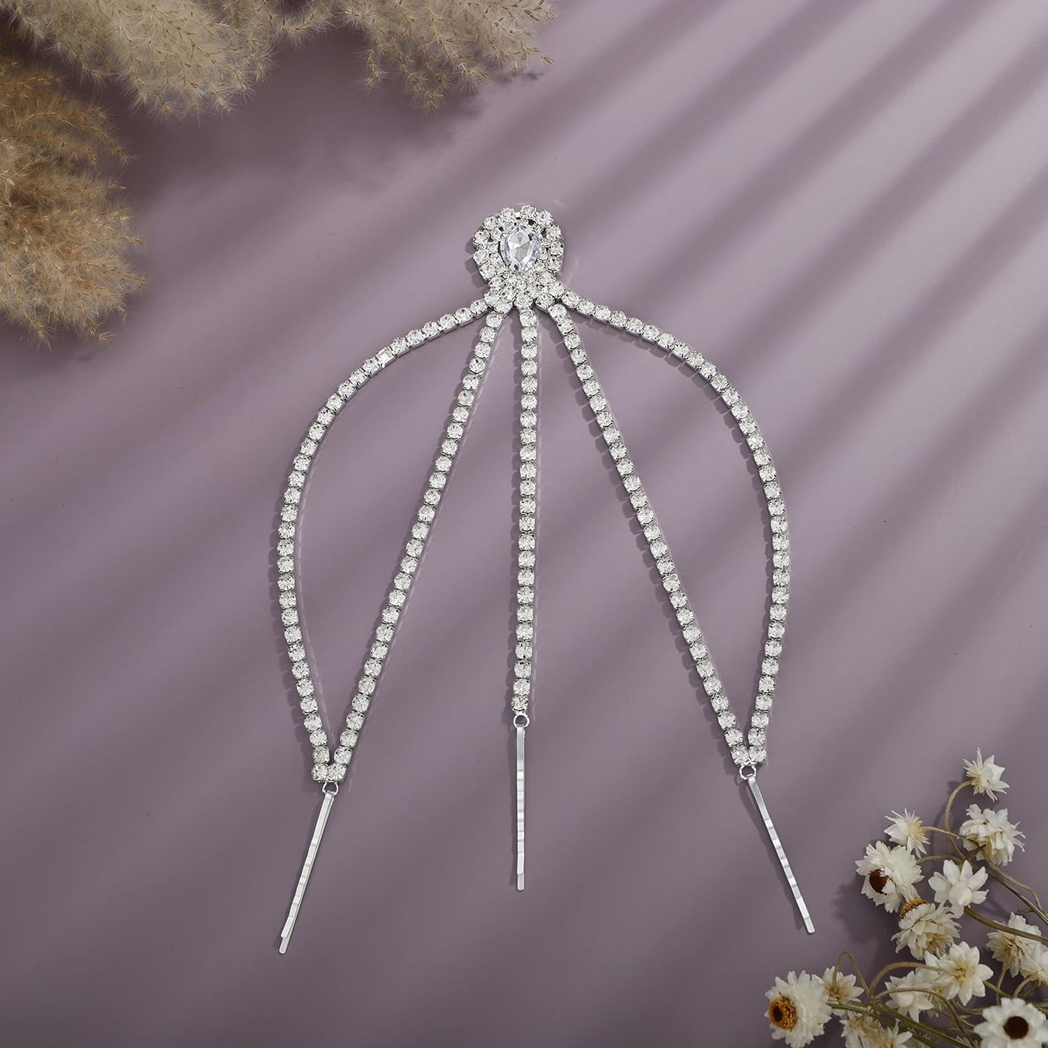 YERTTER Wedding Silver Rhinestone Head Chain With Clip Jewelry Forehead Crystal Tassel Headpiece Crystal Flapper Chain Headband Hair Accessories for Women Brides Prom Costume(Silver 1) - Image 3