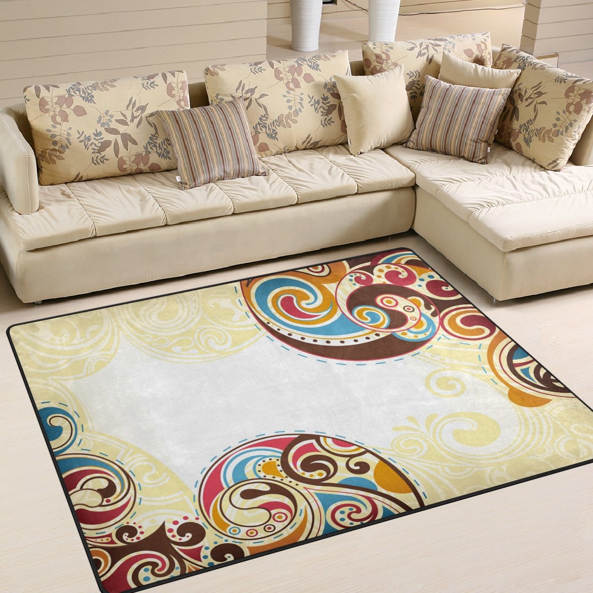 coloré Style Ethnique Motif imprimé Grande Surface Rugs, léger, antidérapant Antistatique Hydrofuge Tapis de Sol pour Salon Chambre à Coucher, 203 x 147 cm