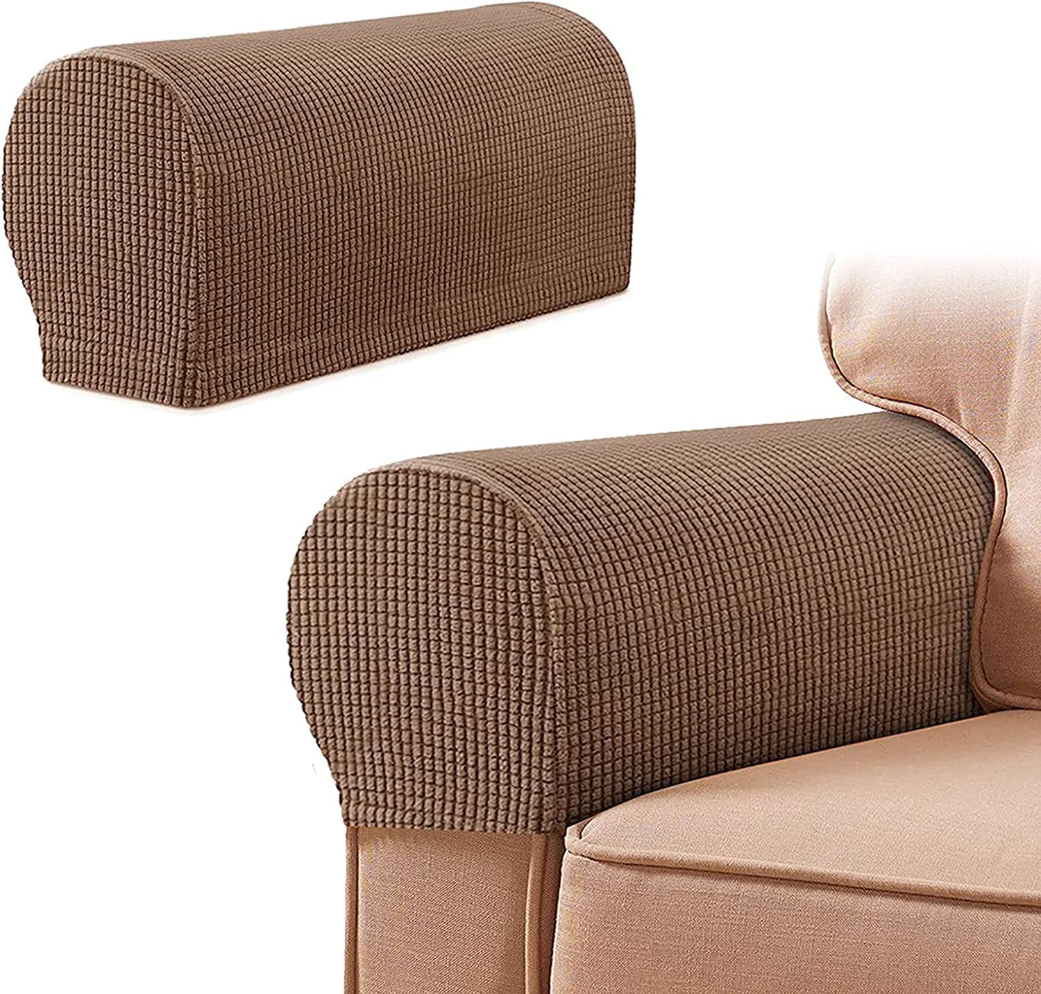 RANARA Armlehne Stuhlhussen Armlehnenbezüge Weiches Spandex Polyester Armkappen Rutschfester Möbelschutz Stretch Armlehne Bezug für Stuhl Sofa Couch, 2er Set, Braun (Farbe: Bruin, Größe: 4 Stück)