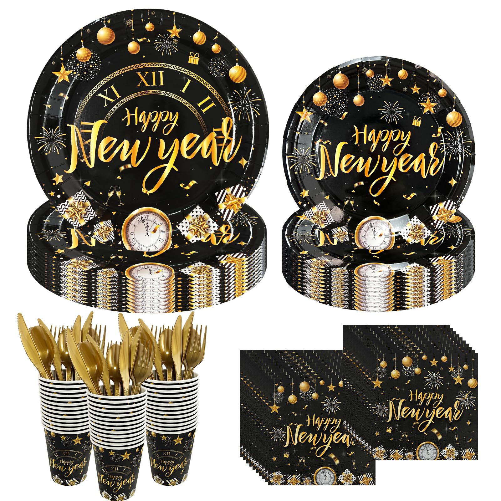 CIEOVO 168Pcs Happy New Year Party Supplies Tableware Set, 2026 New Year Disposable Dinner Paper Plates Napkins for New Year's Eve Party Supplies