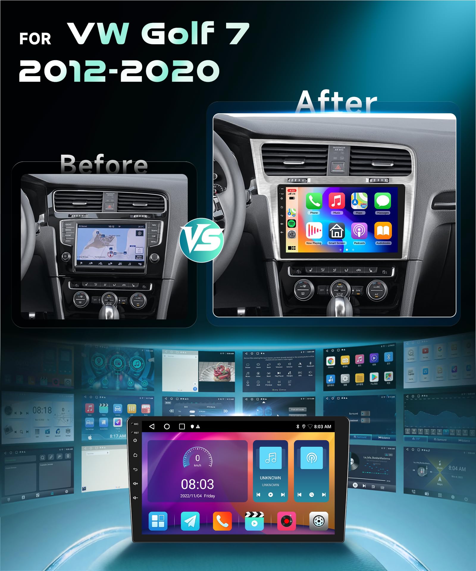 2G 64G VECHEL 10.1" Autoradio pour VW Golf 7 2012-2020 CarPlay,Android Auto, Android 15,EQ, Wi-FI,GPS,Mirror Link,Bluetooth,Radio RDS/FM avec caméra de recul AHD