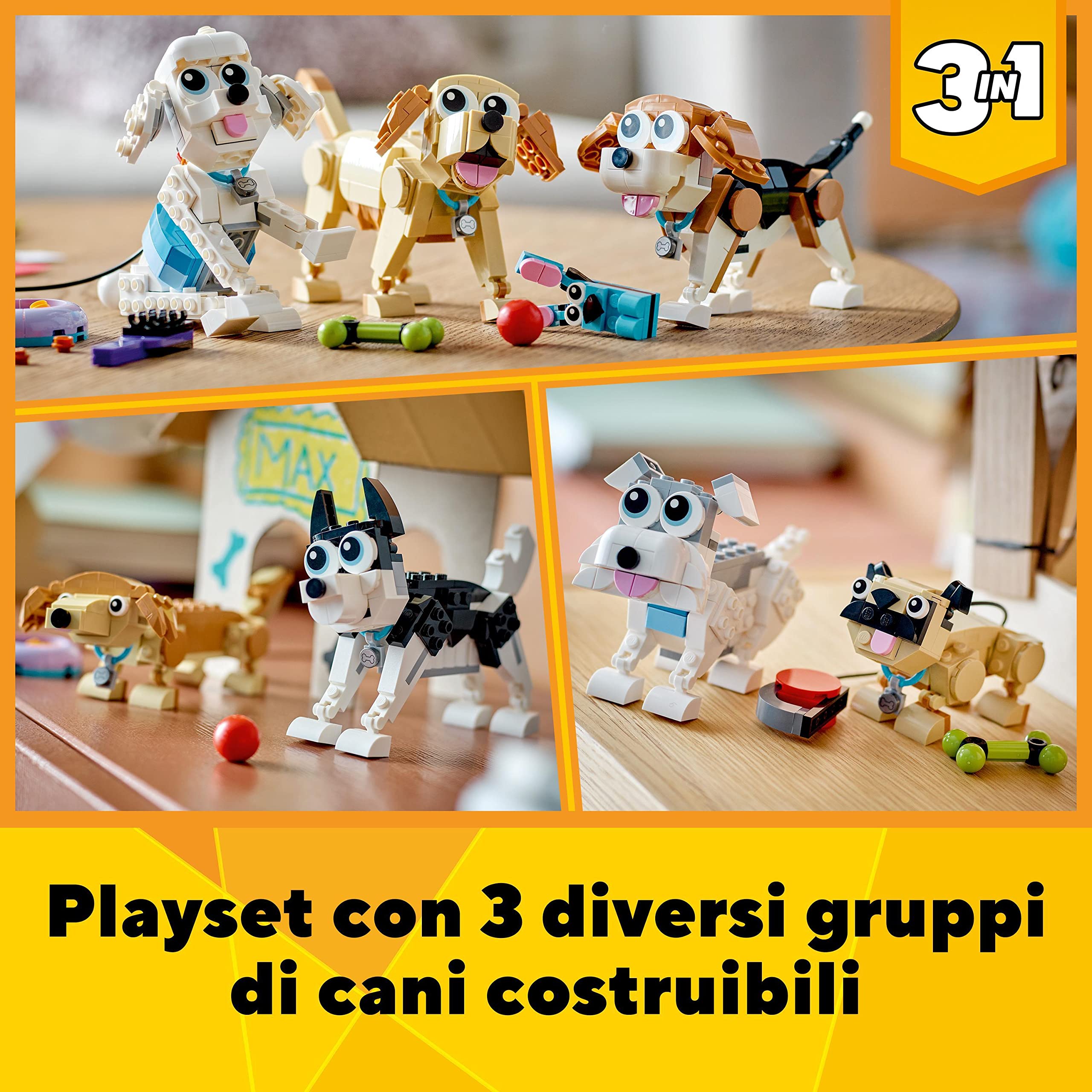LEGO 31137 Creator Adorabili Cagnolini, Set 3 in 1 con Bassotto, Carlino, Barboncino e altri Animali Giocattolo per Bambini da Costruire, Idea Regalo per Amanti dei Cani