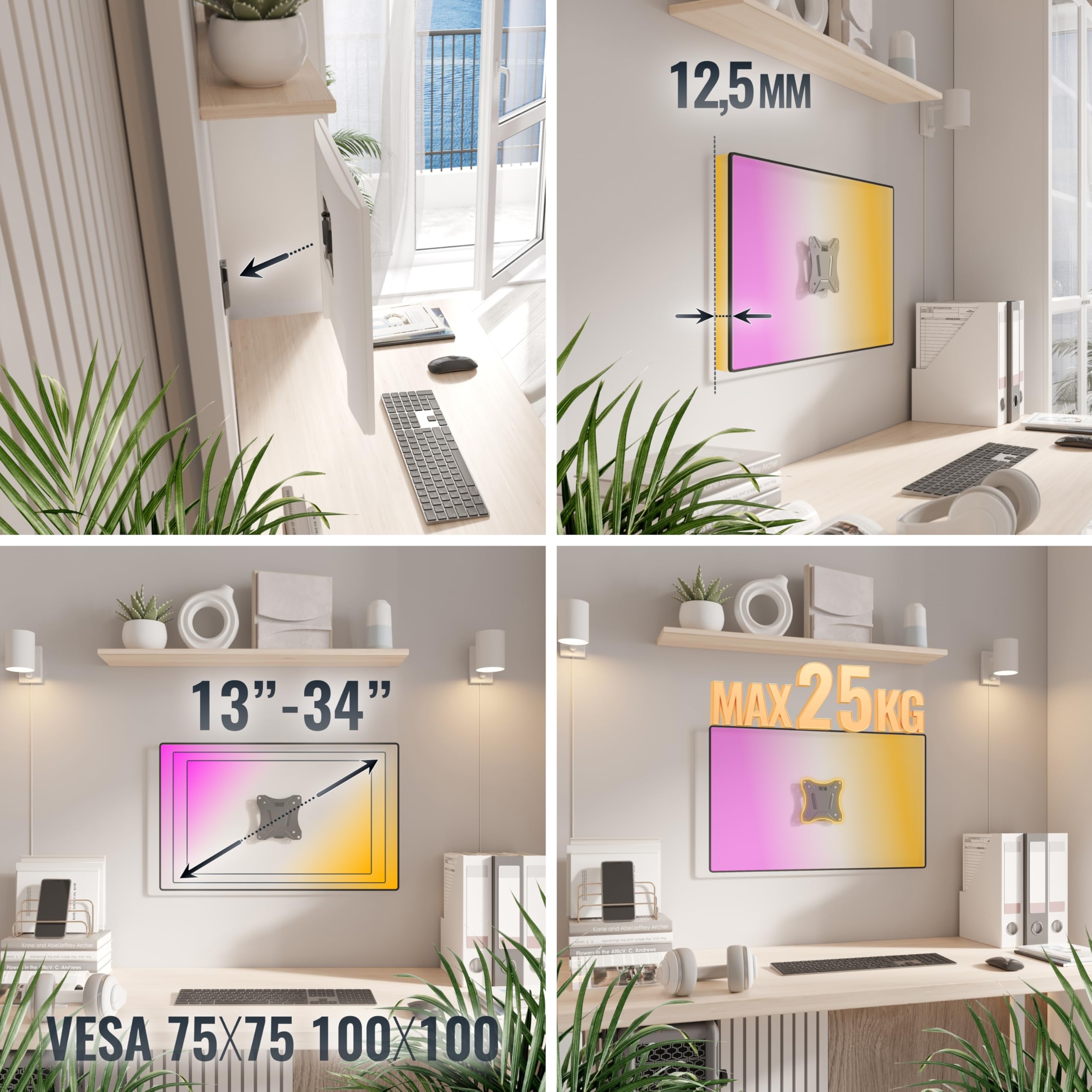 RICOO Uchwyt ścienny do monitora PC płaski do 13-29 cali, uchwyt ścienny do monitora F0611, uchwyt na monitor, uchwyt na ekran, uchwyt ścienny monitor 27 cali do 25 kg, VESA 75 x 75, 100 x 100 mm