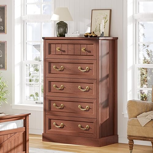 AOGLLATI Farmhouse 5 Drawers Dresser for Bedroom, 48” Tall Wood Rustic Chest of Drawers with Natural Texture, Vintage Design, Black Storage Dresser for Bedroom,Oak Brown